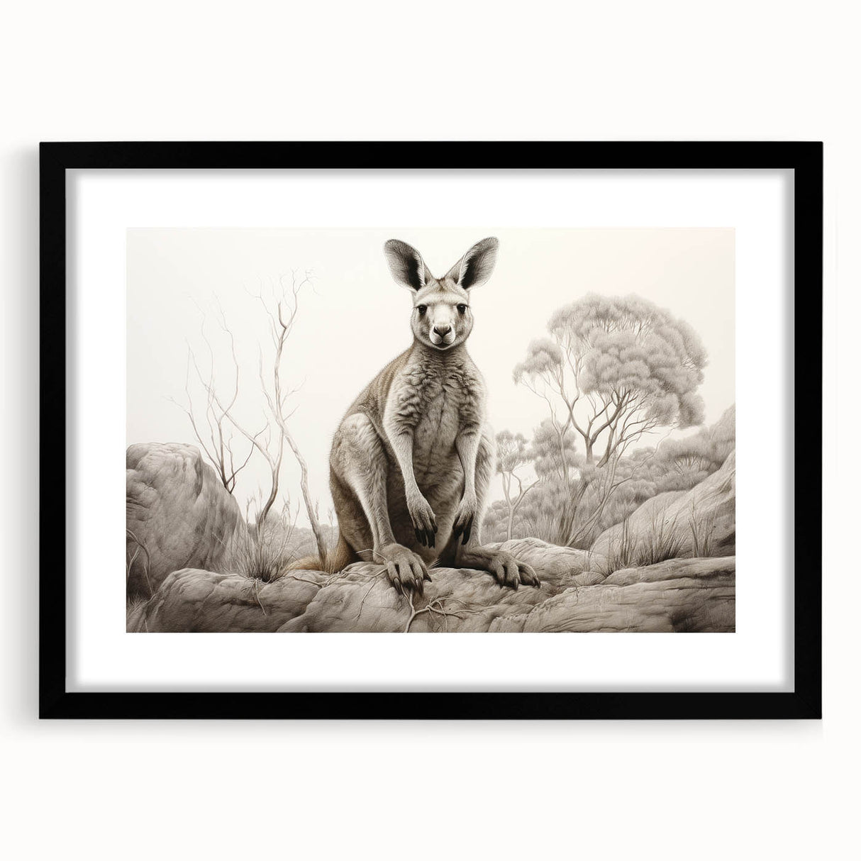 Framed wall art featuring a kangaroo design in a black frame with a white mat, showcasing a modern and playful aesthetic, ideal for animal lovers' decor.