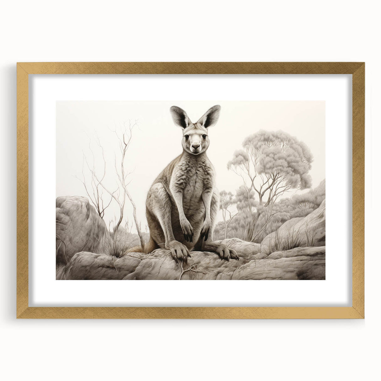 Framed wall art featuring a kangaroo design in a stylish gold frame with a mat, showcasing vibrant colors and intricate details, ideal for wildlife enthusiasts.