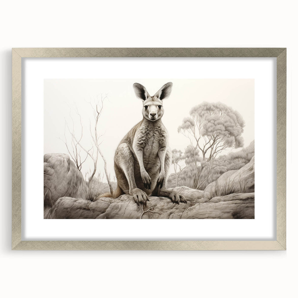 Framed wall art featuring a detailed kangaroo design in a silver frame with matting, ideal for wildlife enthusiasts and modern home decor. The artwork captures the essence of Australian wildlife, showcasing vibrant colors and intricate details, perfect for adding a touch of nature to any room.