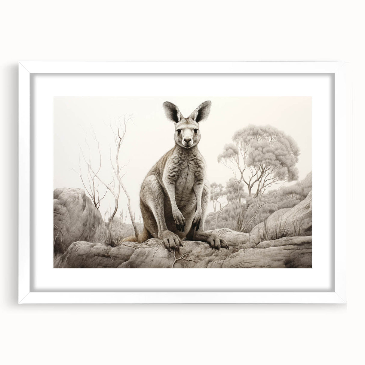 Framed wall art showcasing a vibrant kangaroo design from the 'Animals a Wild Life' collection, featuring a sleek white mat and elegant frame, perfect for home decor.