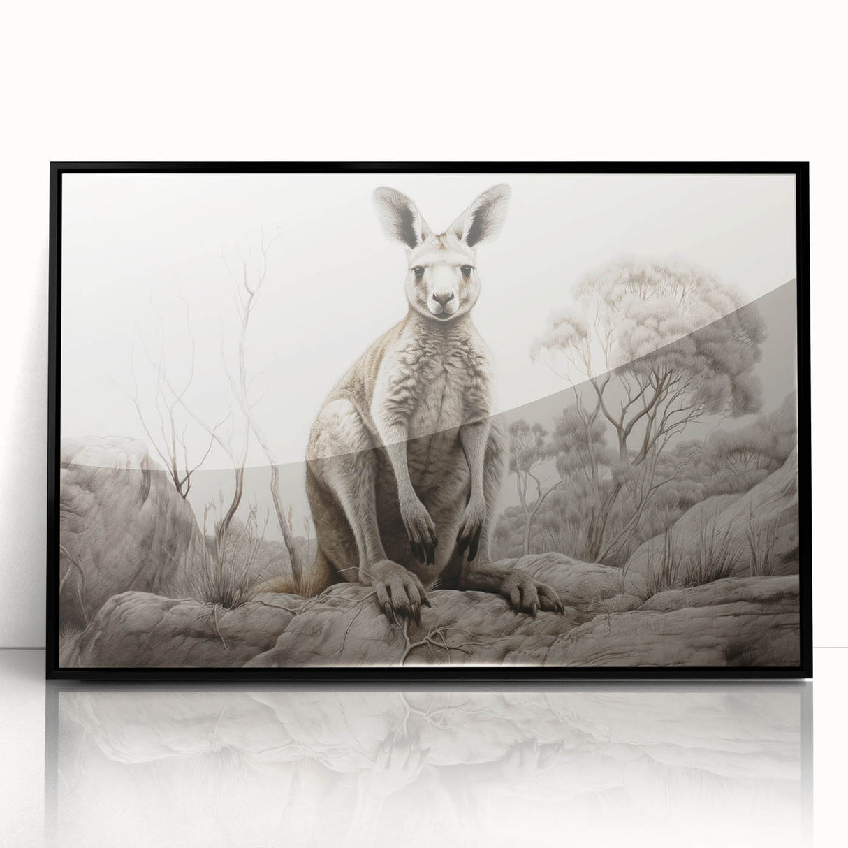 Framed acrylic wall art featuring a vibrant kangaroo design, showcased in a sleek black frame, perfect for adding a modern touch to home decor.