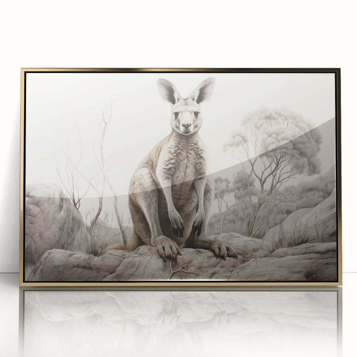 Framed wall art featuring a vibrant kangaroo design in a sleek gold-acrylic frame, ideal for adding a modern touch to wildlife-themed decor.