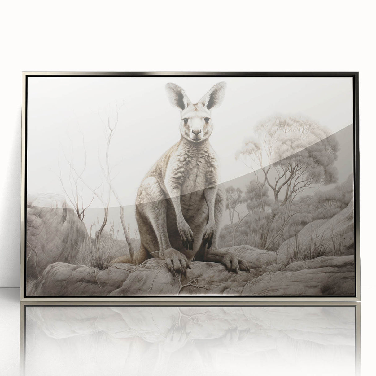 Framed wall art featuring a stylish kangaroo design from the Wild Life collection, showcasing vibrant colors and a sleek silver frame, ideal for modern decor.