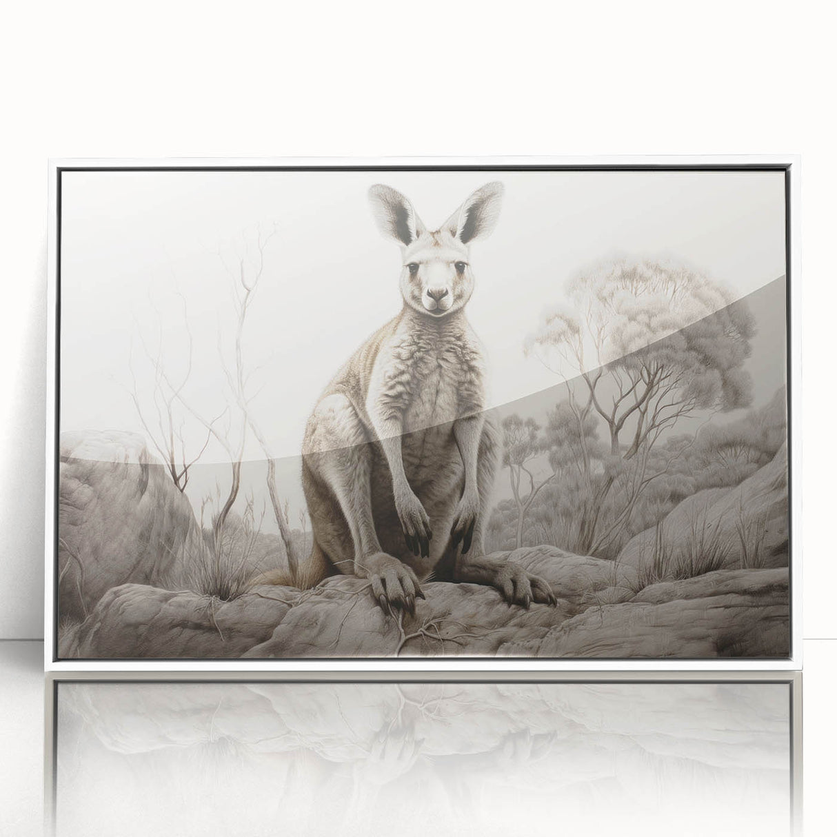 Framed wall art design featuring a vibrant kangaroo silhouette in a natural setting, set against a white background, perfect for animal lovers and home decor enthusiasts.