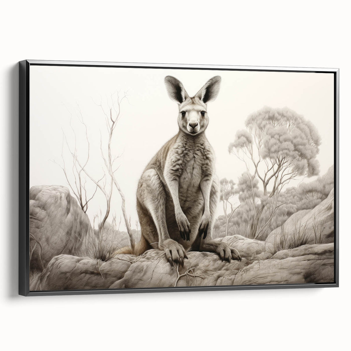 Framed canvas wall art showcasing a vibrant kangaroo design, featuring intricate details and a black frame, perfect for enhancing modern home decor.
