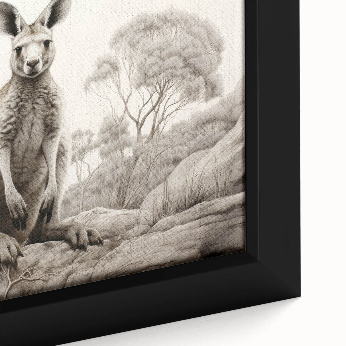 Close-up of a framed canvas wall art featuring a detailed kangaroo design, showcasing vibrant colors and textures, perfect for enhancing wildlife-themed decor.