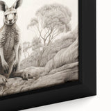 Close-up of a framed canvas wall art featuring a detailed kangaroo design, showcasing vibrant colors and textures, perfect for enhancing wildlife-themed decor.