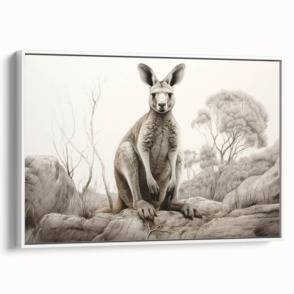 Framed wall art featuring a kangaroo design from the 'Animals A Wild Life' collection, showcasing vibrant colors on a white background for a modern aesthetic.