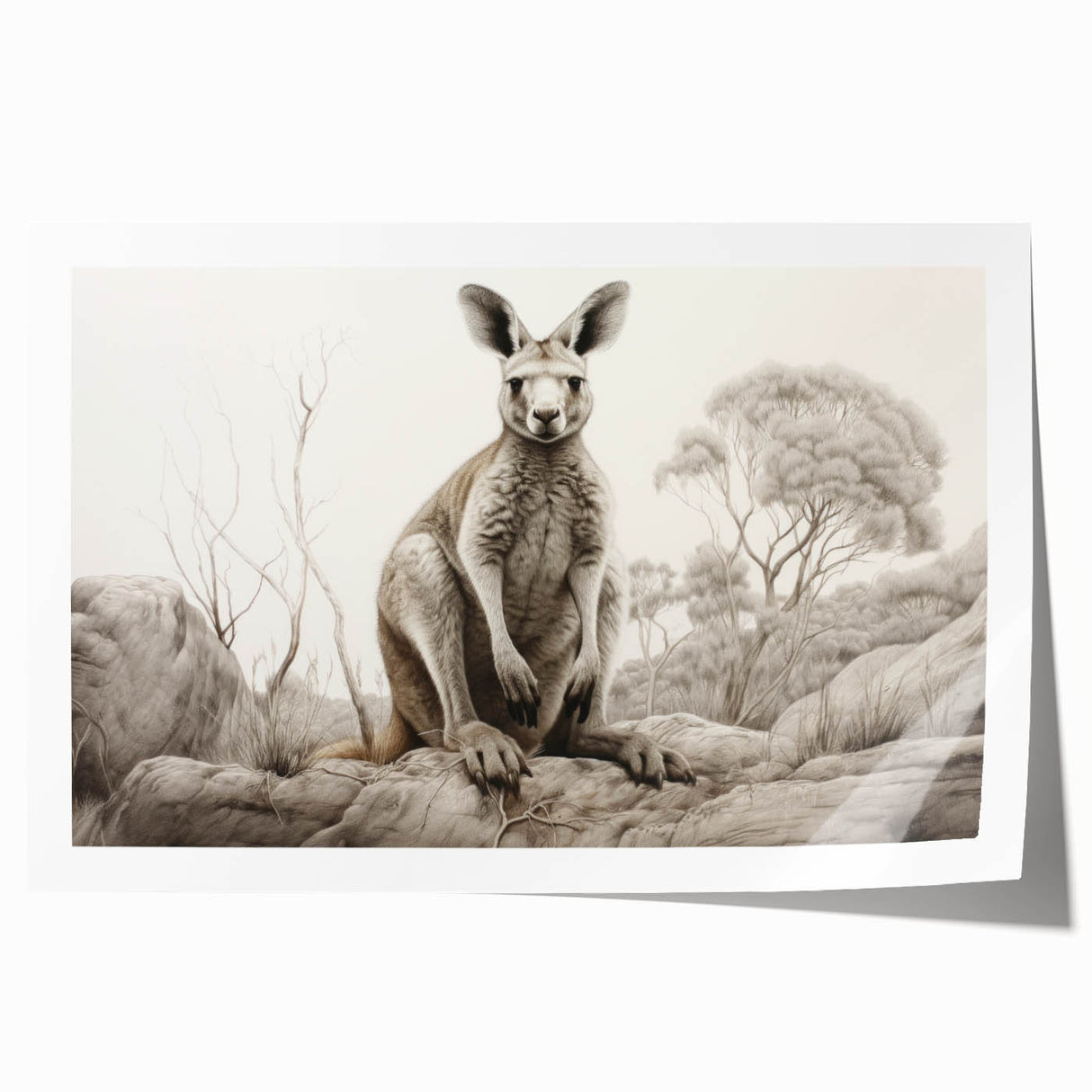 Kangaroo-themed wall art design printed on high-quality, rolled canvas, showcasing vibrant colors and intricate details, perfect for wildlife enthusiasts and home decor.