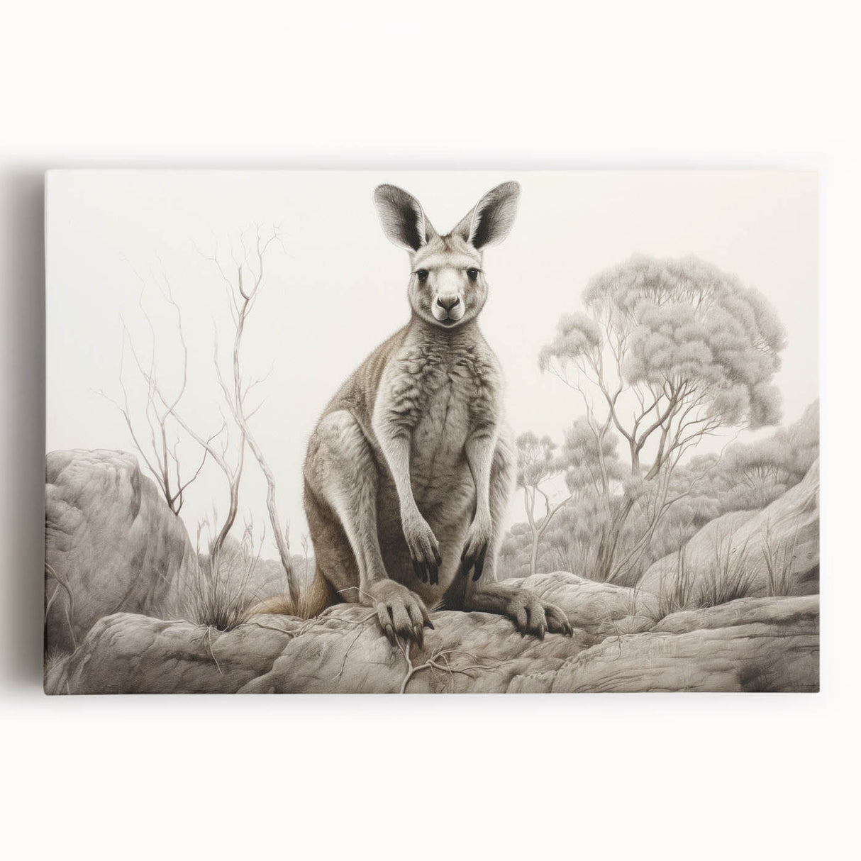 Stretched canvas wall art featuring a vibrant kangaroo design in a natural setting, showcasing rich colors and intricate details, ideal for wildlife enthusiasts and home decor.
