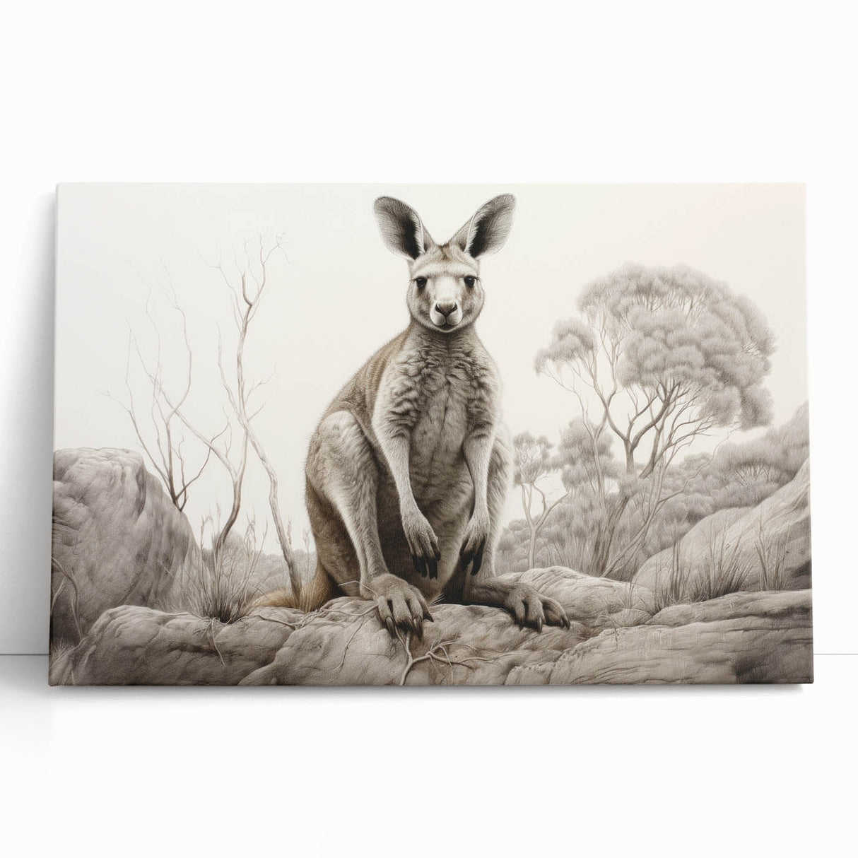 Stretched canvas wall art featuring a vibrant kangaroo design, showcasing rich colors and detailed textures, perfect for wildlife enthusiasts and home decor.