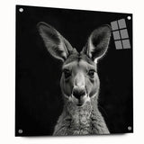 Side view of a kangaroo-themed wall art design, displayed with acrylic glass and decorative pins, showcasing vibrant colors and intricate details in a modern setting.