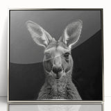 Framed wall art featuring a detailed kangaroo design from the "Animals A Wild Life" collection, set in a sleek silver frame, ideal for nature-themed decor.