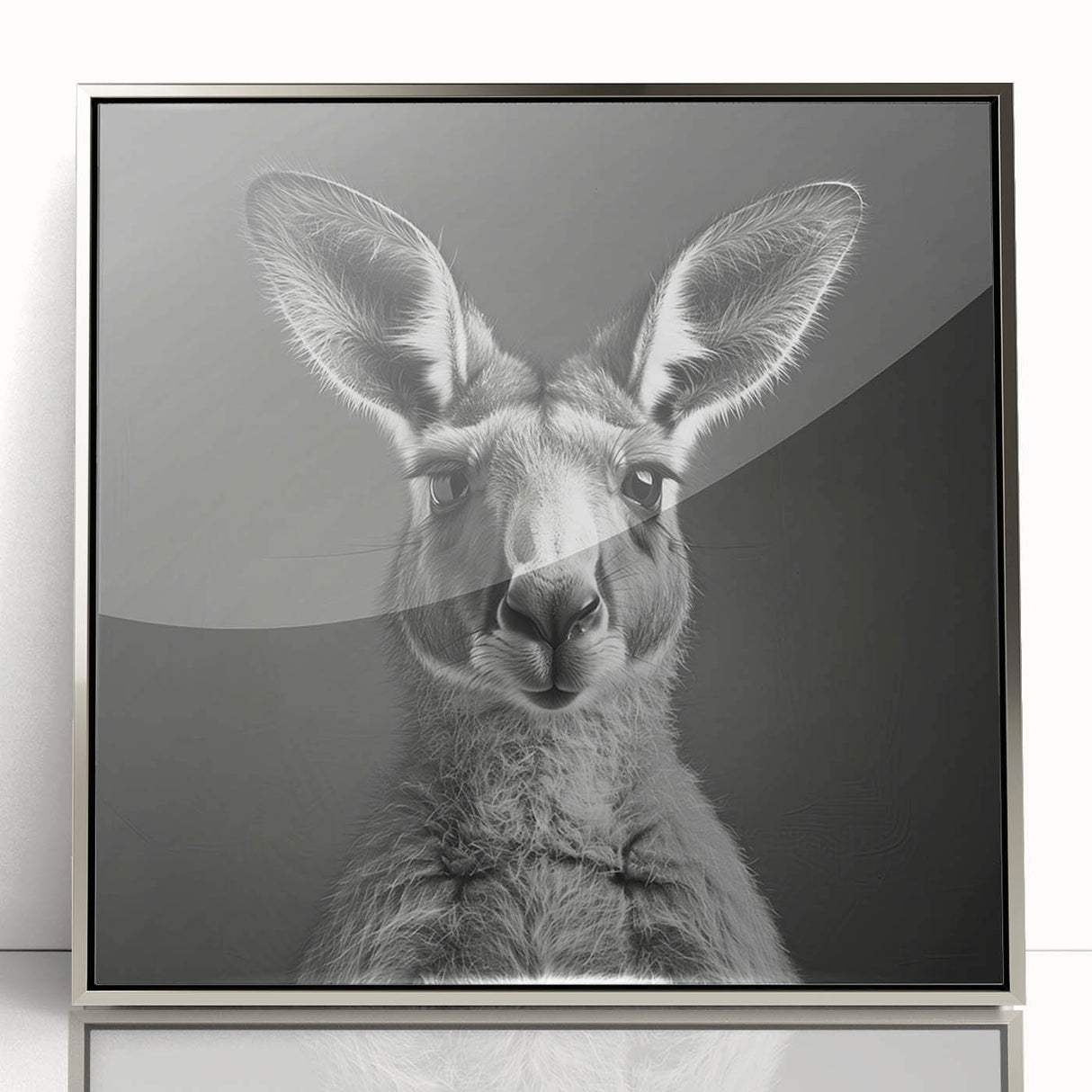 Framed acrylic wall art featuring a stylized kangaroo design, showcasing intricate details and a silver frame, perfect for enhancing modern home decor with an Australian wildlife theme.