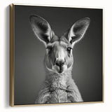 Framed canvas wall art showcasing a side view of a kangaroo design, featuring vibrant colors and a gold frame, perfect for animal lovers and home decor enthusiasts.