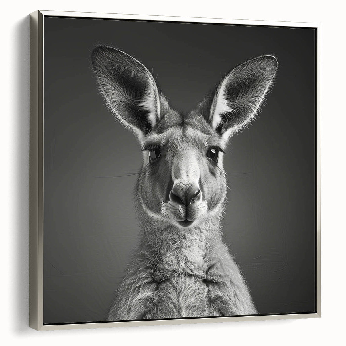Framed wall art featuring a silver kangaroo design, showcasing detailed textures and vibrant colors, perfect for animal lovers and modern decor enthusiasts.
