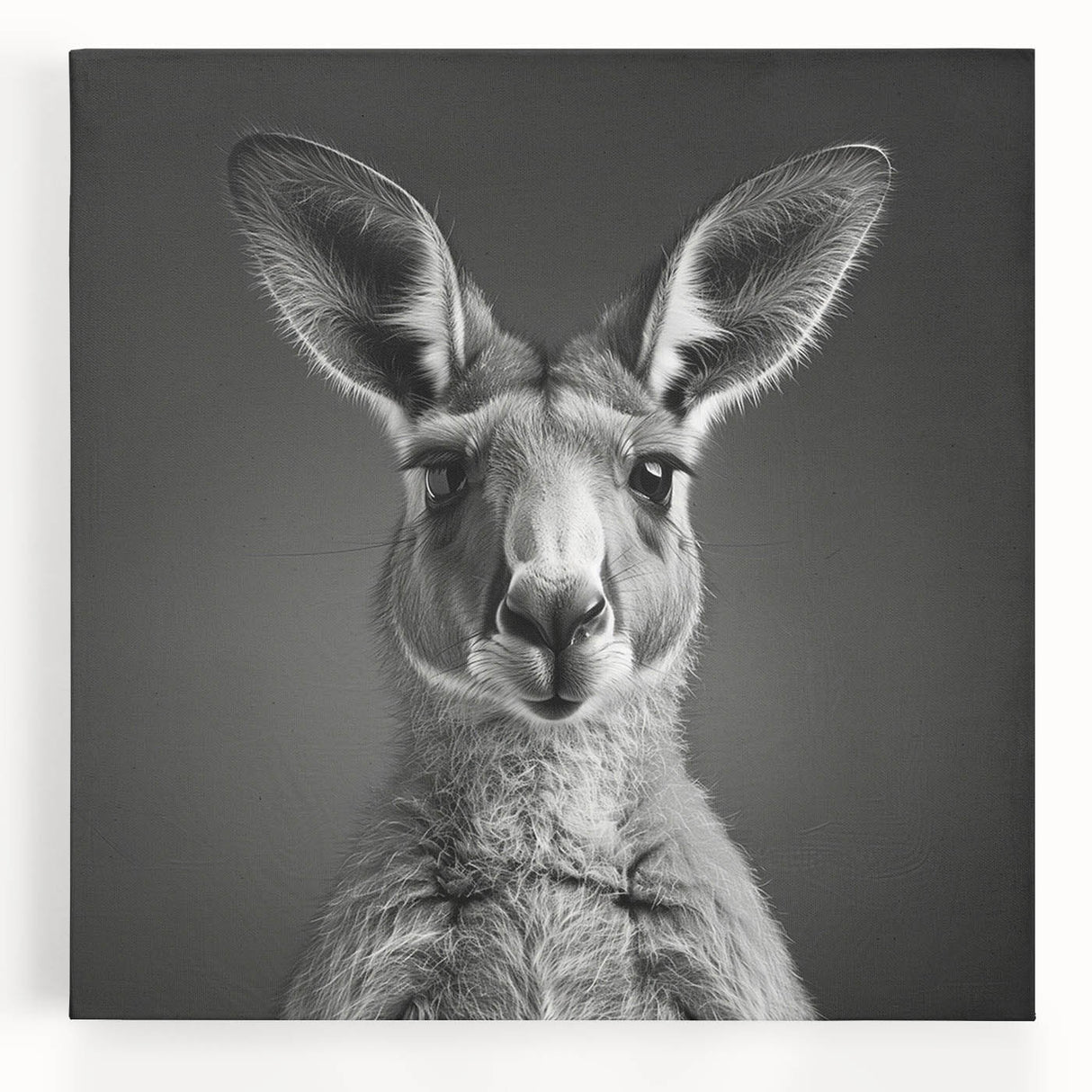 Front view of a stretched canvas featuring a vibrant kangaroo design, showcasing detailed colors and textures, perfect for wildlife-themed decor. Ideal for animal lovers and art enthusiasts.