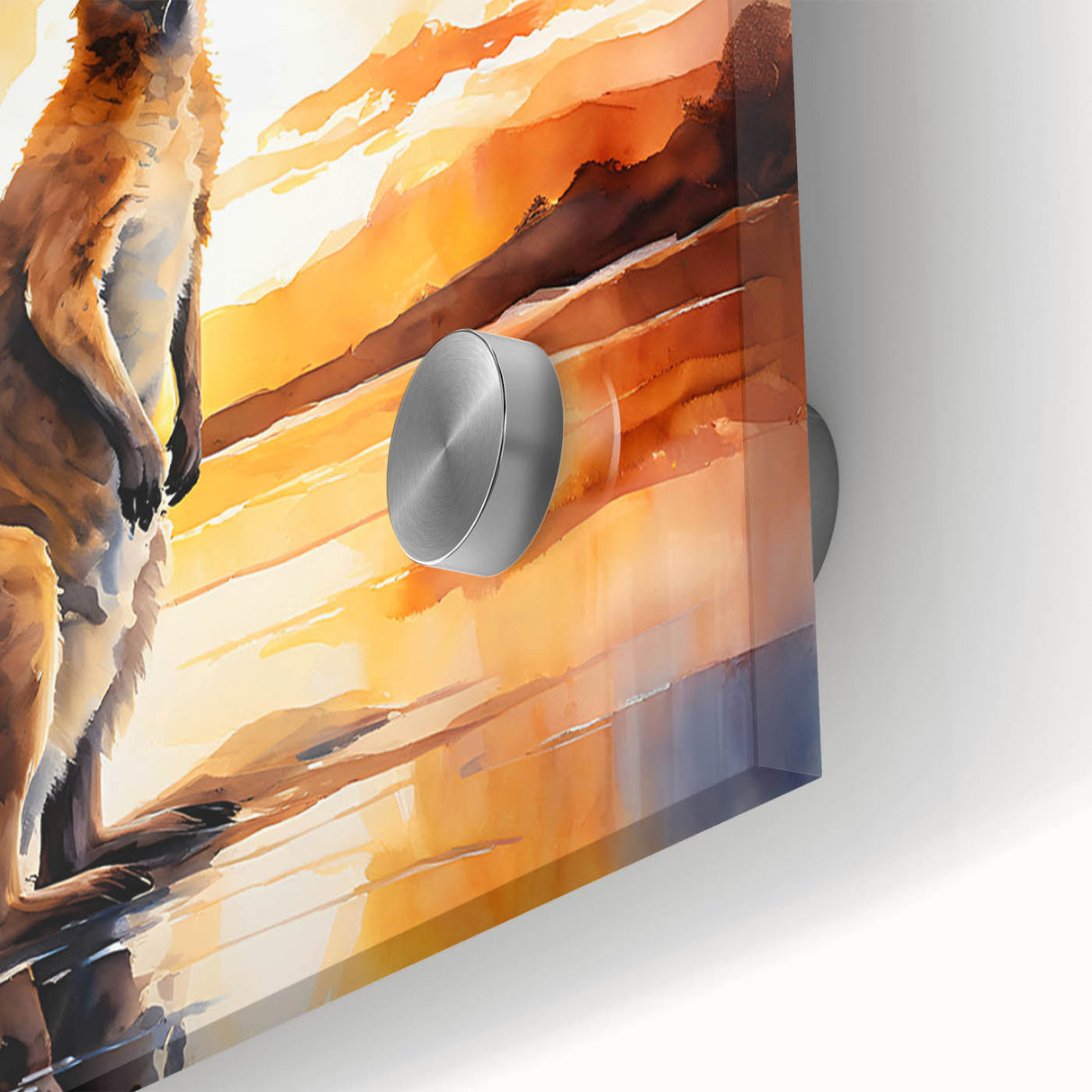 Close-up of a vibrant kangaroo design in acrylic glass, showcasing intricate details and colors, perfect for wildlife-themed wall art collection.