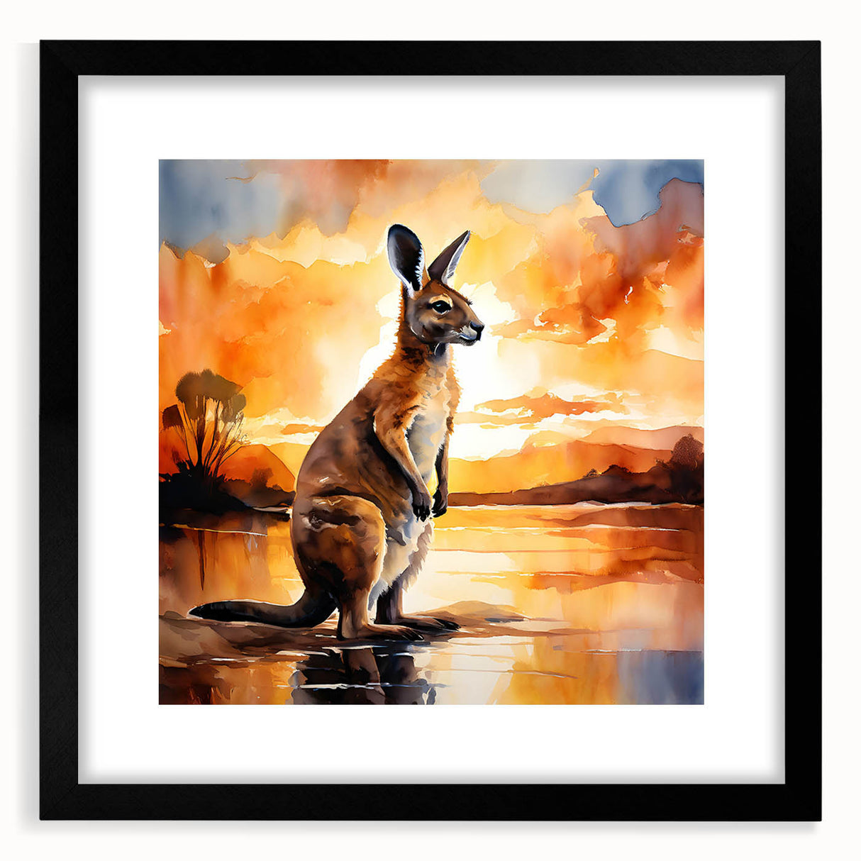 Kangaroo-themed wall art collection framed in sleek black, featuring vibrant colors and a mat for a polished look, perfect for animal lovers' decor.