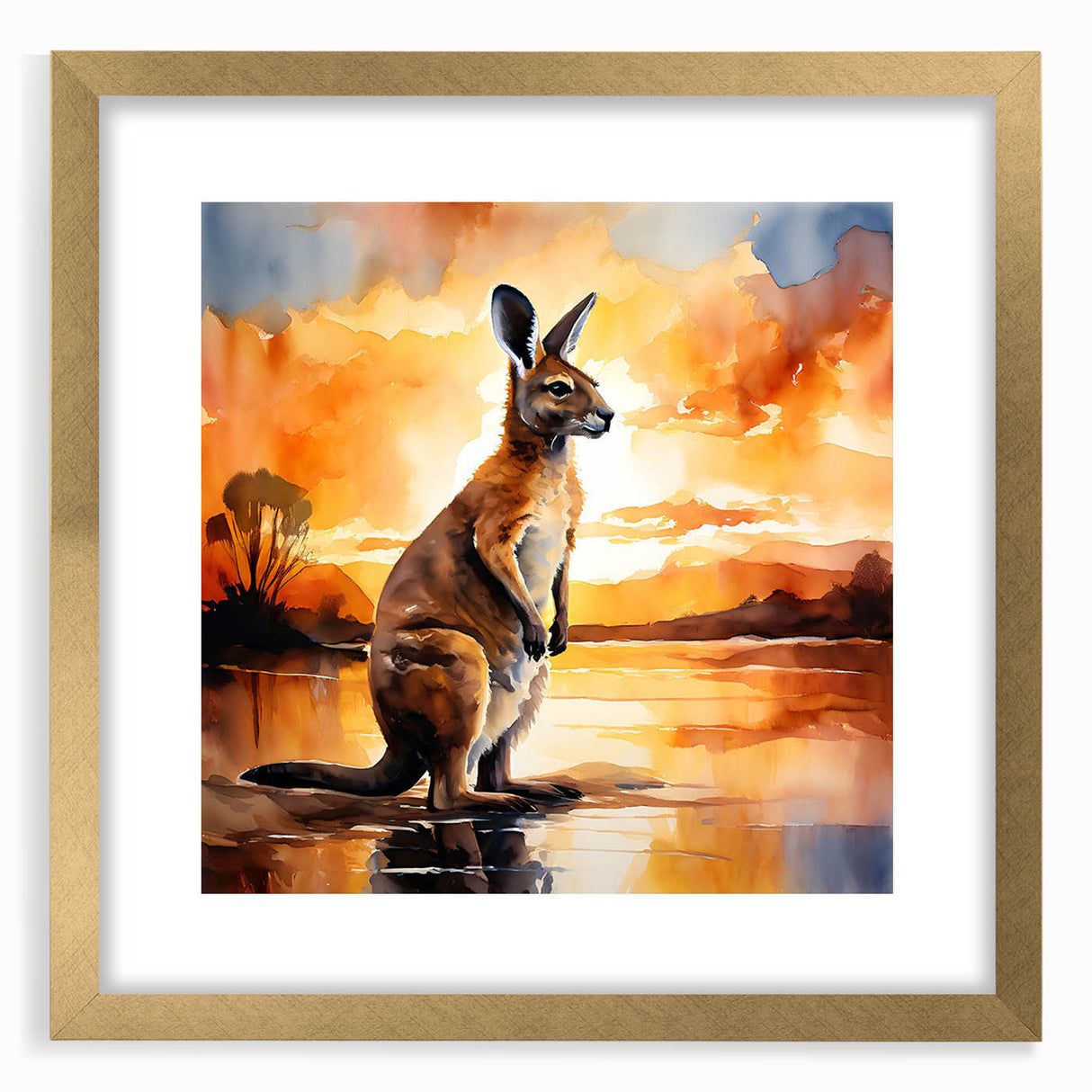 Kangaroo-themed wall art collection featuring a gold frame and mat, showcasing a vibrant wildlife design ideal for home decor. Perfect for animal lovers.