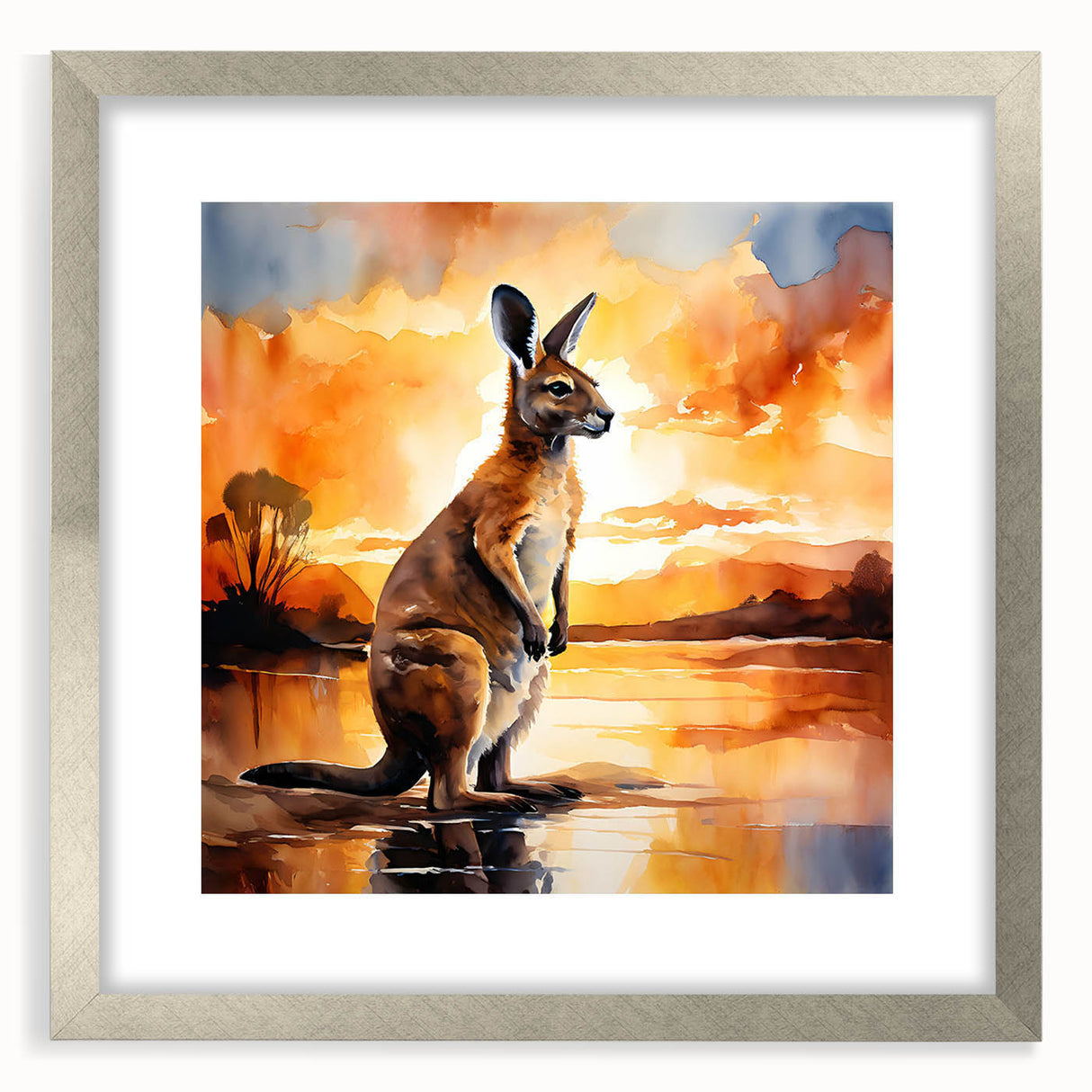 Framed wall art featuring a kangaroo design in a silver frame with a mat, showcasing vibrant colors and intricate details, perfect for wildlife enthusiasts.