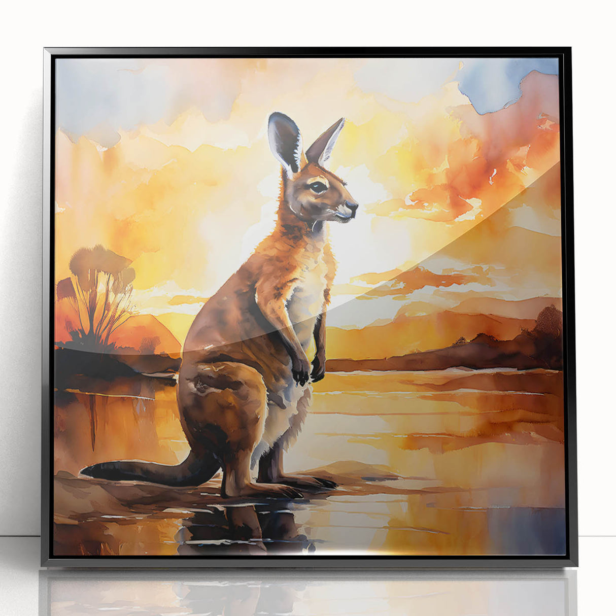 Framed wall art collection featuring a striking black acrylic design of a kangaroo, showcasing intricate details and vibrant colors, ideal for wildlife enthusiasts.