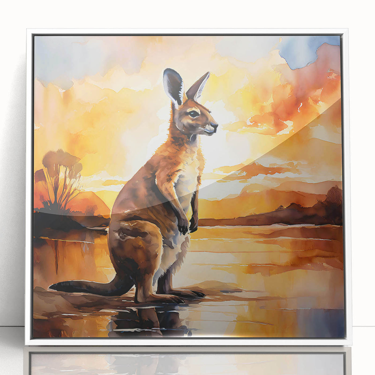 Framed wall art featuring a vibrant kangaroo design, showcasing intricate details in a white frame, perfect for wildlife enthusiasts and modern decor.