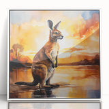 Framed wall art featuring a vibrant kangaroo design, showcasing intricate details in a white frame, perfect for wildlife enthusiasts and modern decor.