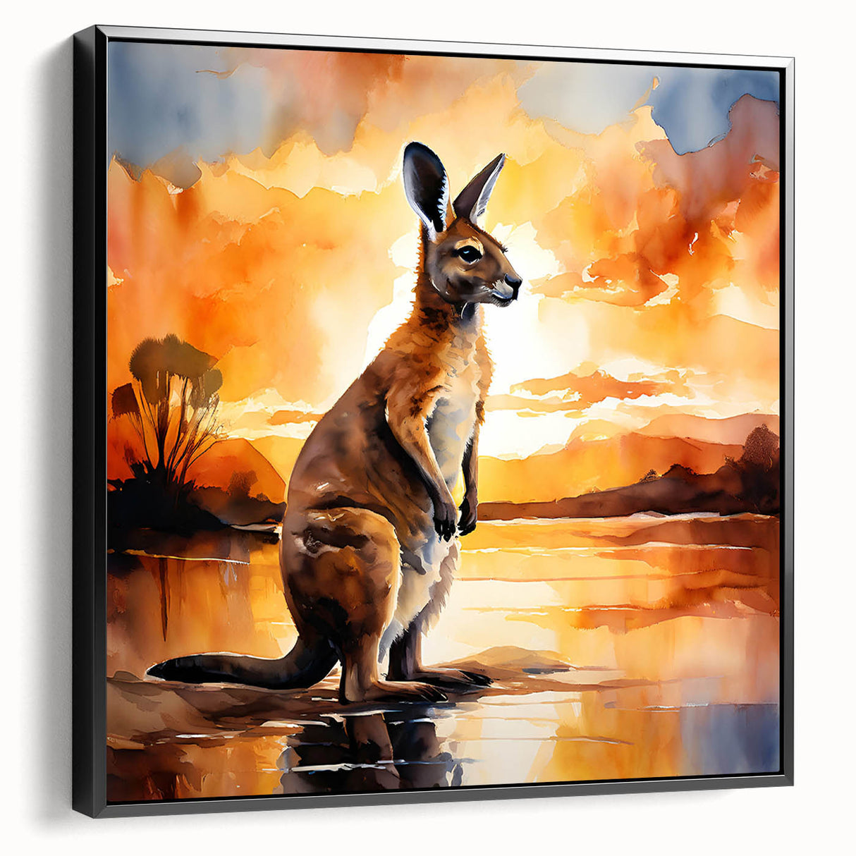 Framed wall art featuring a black side view of a kangaroo design, showcasing vibrant colors and intricate details, perfect for animal lovers and home decor enthusiasts.