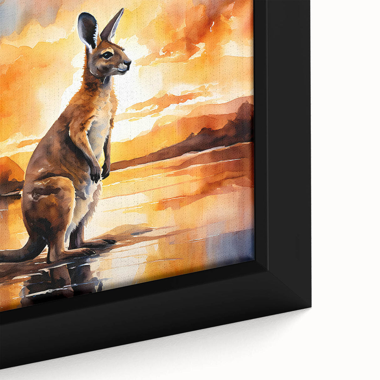Close-up of a framed canvas wall art featuring a vibrant kangaroo design, showcasing intricate details and colors, ideal for animal lovers and home decor enthusiasts.