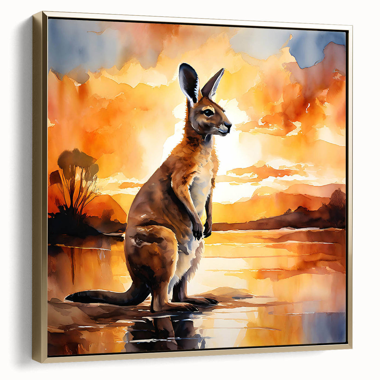 Framed canvas wall art featuring a stylish kangaroo design, showcasing intricate details and a gold border, perfect for adding a touch of wildlife elegance to home decor.