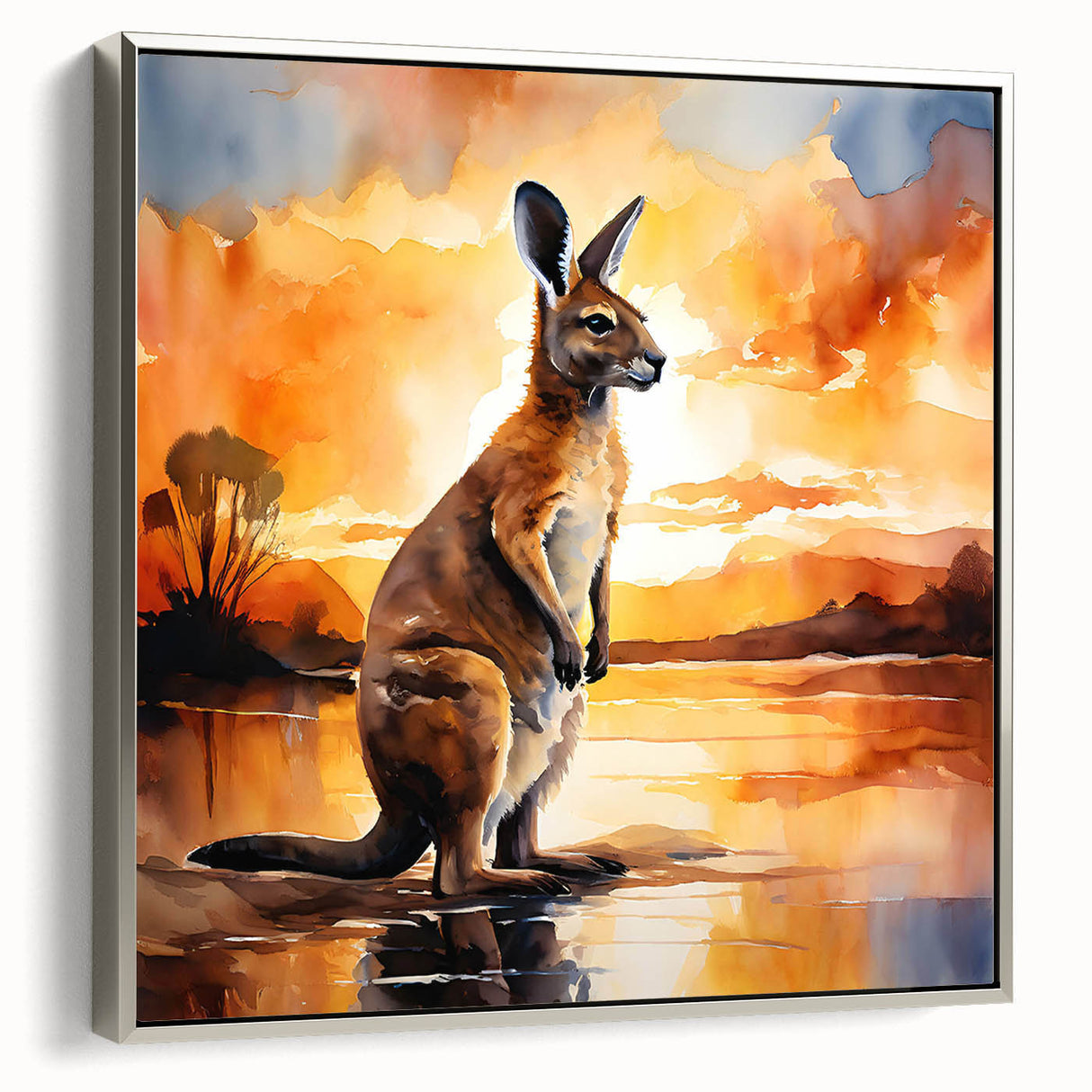 Framed canvas wall art showcasing a silver side view of a kangaroo, part of a wildlife collection, perfect for nature-themed decor in modern interiors.