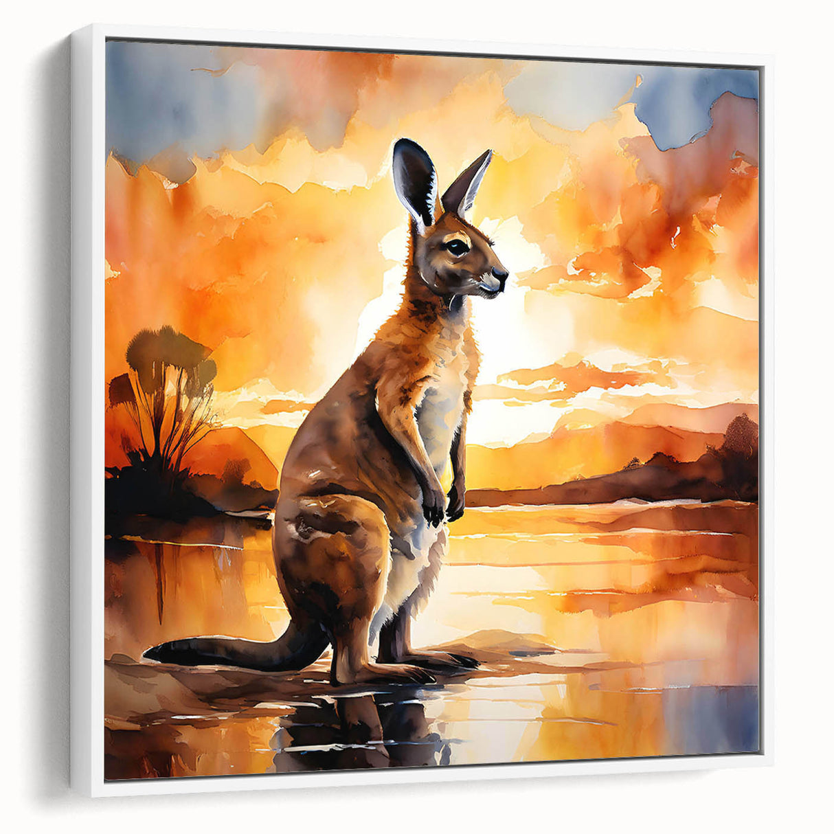 Framed canvas wall art featuring a side view of a kangaroo in a minimalist design, set against a white background, ideal for wildlife-themed home decor.
