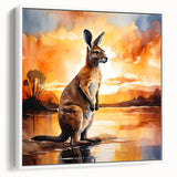 Framed canvas wall art featuring a side view of a kangaroo in a minimalist design, set against a white background, ideal for wildlife-themed home decor.