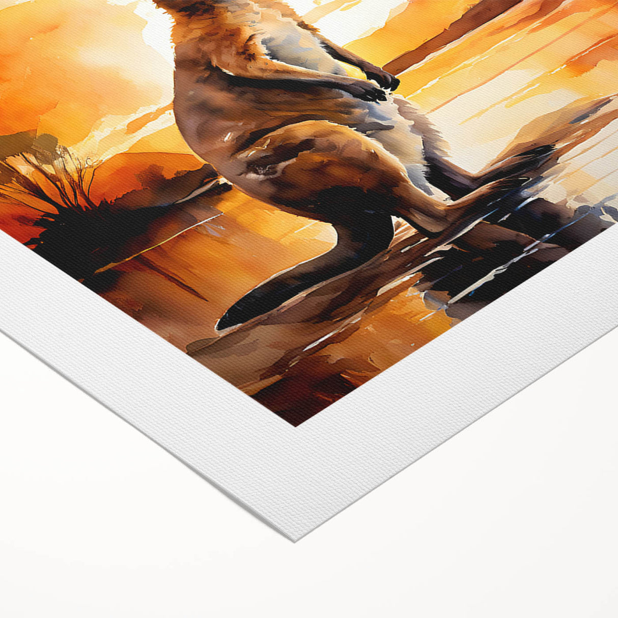 Kangaroo-themed wall art design on rolled canvas, showcasing vibrant colors and detailed wildlife imagery, ideal for nature enthusiasts and home decor.