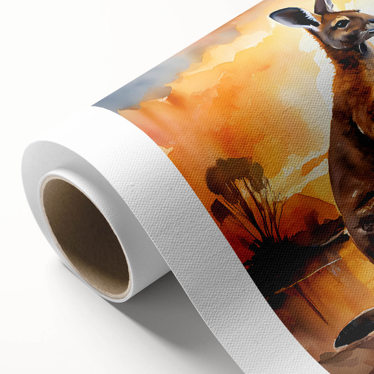 Kangaroo-themed wall art design on a rolled canvas, showcasing vibrant colors and intricate details, perfect for wildlife enthusiasts and home decor.