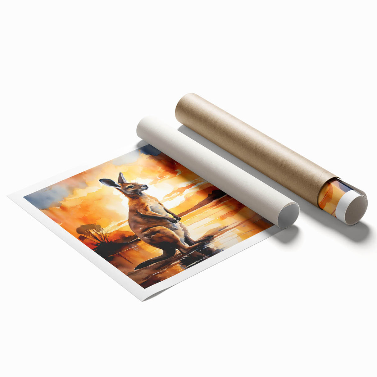 Rolled print of a kangaroo illustration in vibrant colors, part of a wildlife wall art collection, showcasing unique design elements and textures.