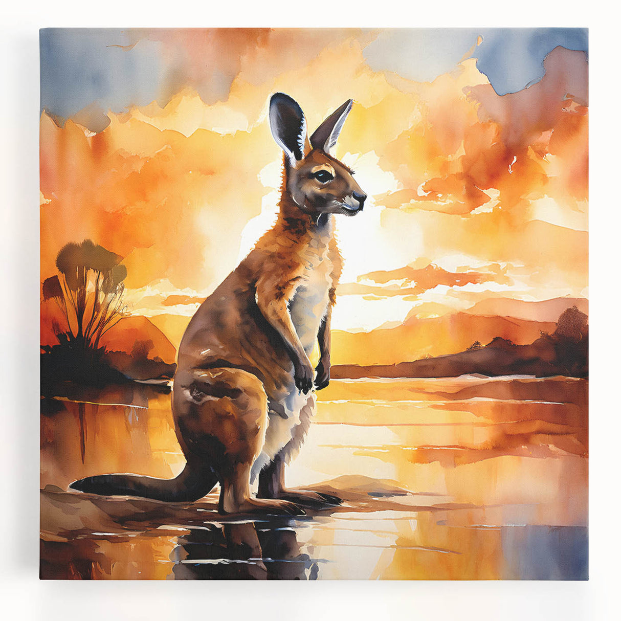 Stretched canvas wall art showcasing a vibrant kangaroo design, featuring rich colors and intricate details, perfect for animal lovers and home decor enthusiasts.