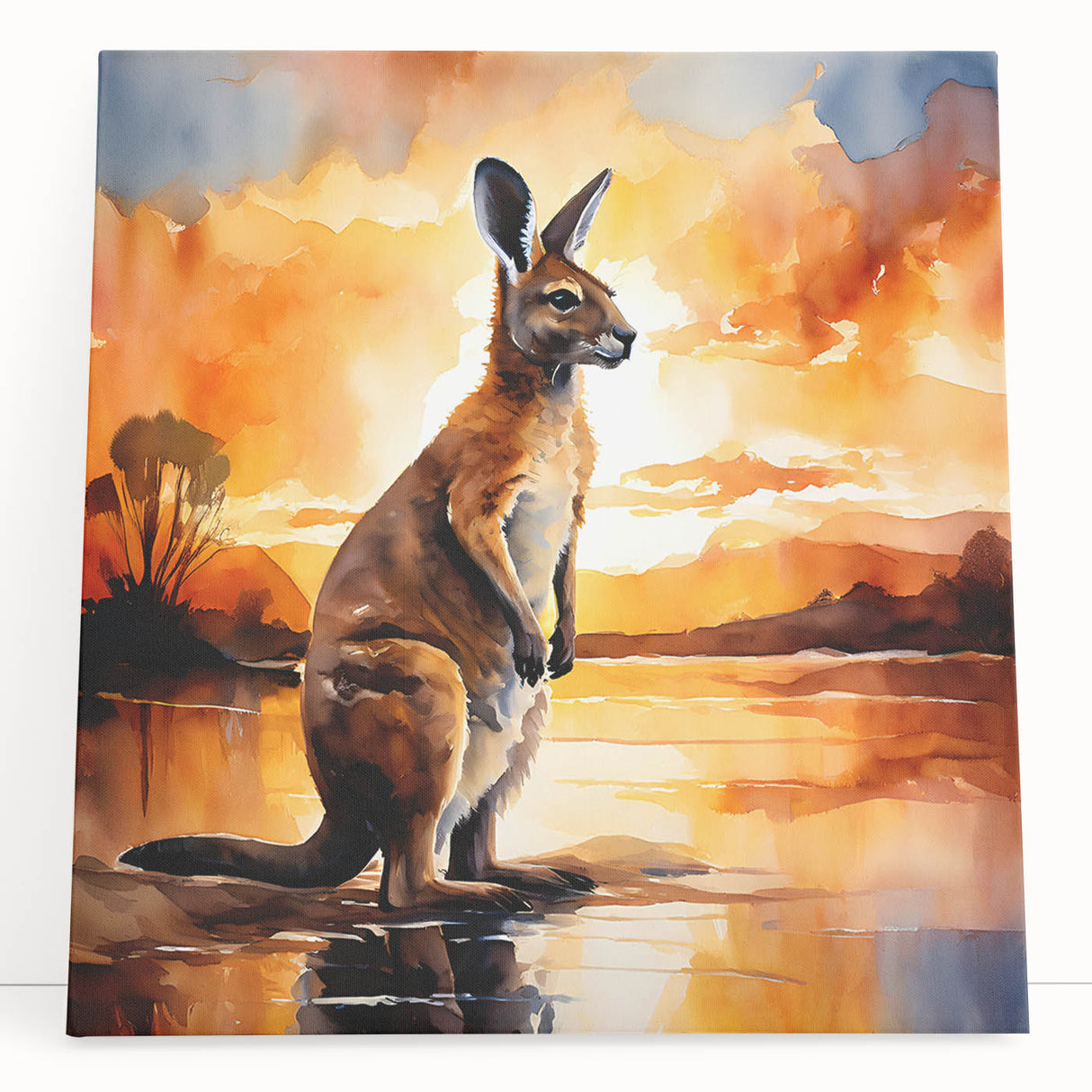 Kangaroo wall art design on stretched canvas, featuring vibrant colors and intricate details, perfect for wildlife enthusiasts and modern home decor. Ideal for adding a touch of nature to any room.