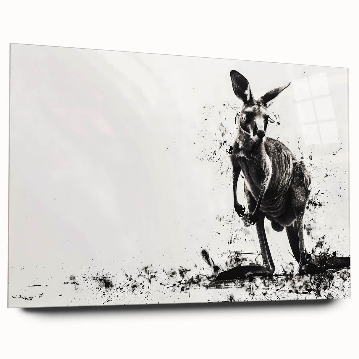 Close-up of a kangaroo-themed wall art print featuring a vibrant, colorful design on acrylic glass, showcasing intricate details and a sleek side view. Perfect for animal lovers and home decor enthusiasts.