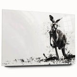 Close-up of a kangaroo-themed wall art print featuring a vibrant, colorful design on acrylic glass, showcasing intricate details and a sleek side view. Perfect for animal lovers and home decor enthusiasts.