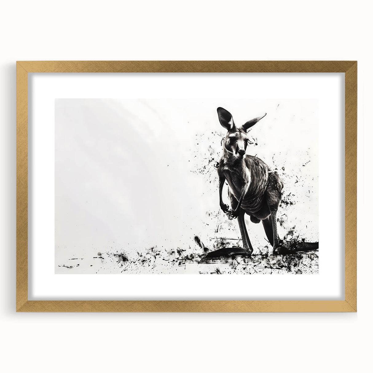 Kangaroo-themed wall art design in a gold frame with a mat, showcasing vibrant colors and detailed illustrations, perfect for nature lovers' decor.