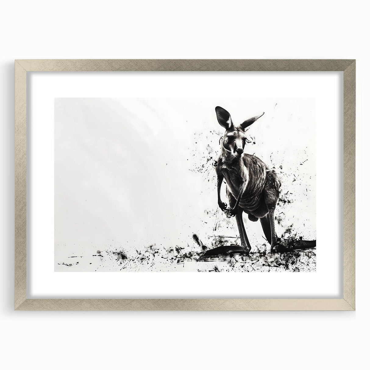 Silver-framed wall art collection featuring a detailed kangaroo design, set with a mat for an elegant presentation, perfect for wildlife enthusiasts.
