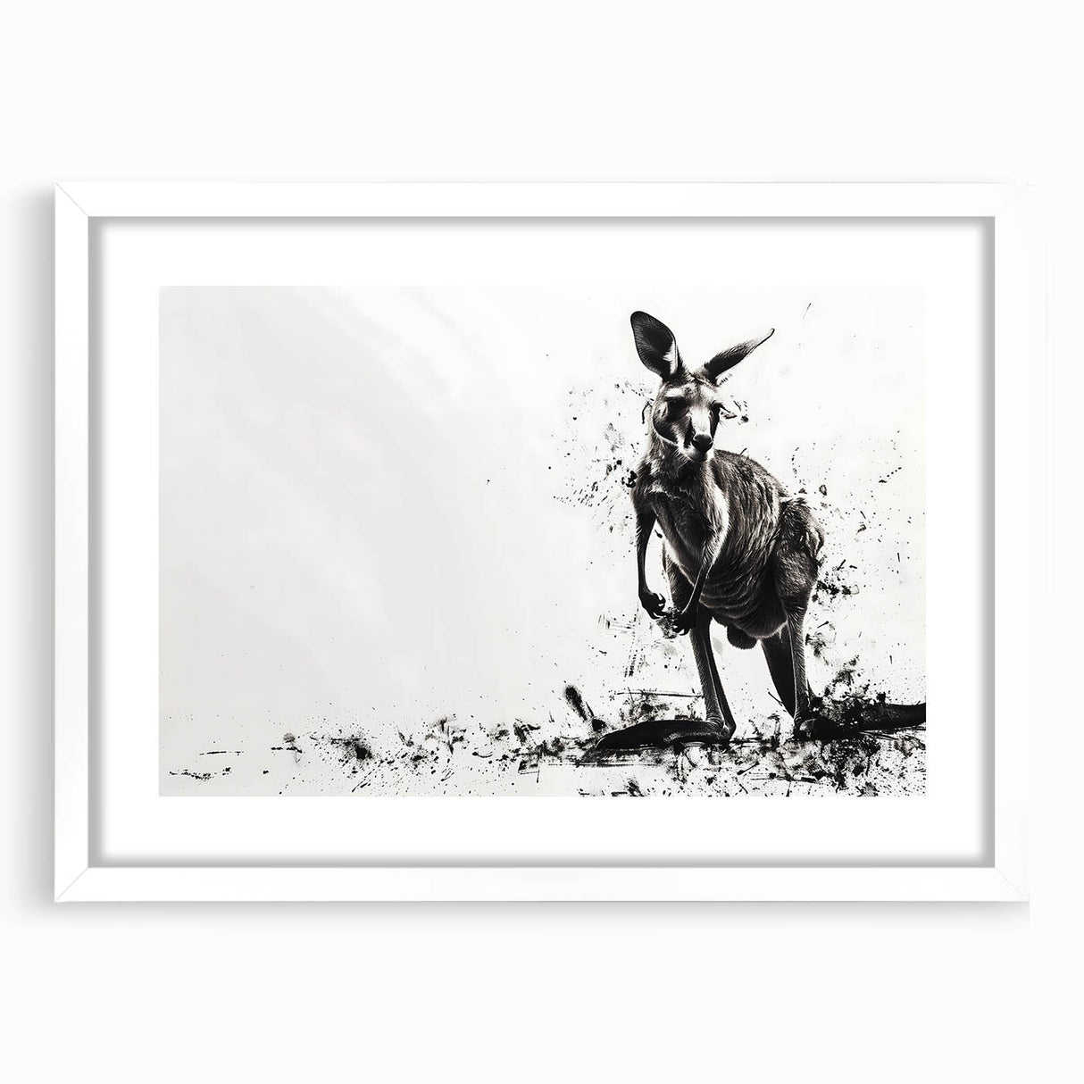 Kangaroo-themed wall art collection framed in white, showcasing vibrant wildlife designs with a mat, perfect for enhancing modern home decor.