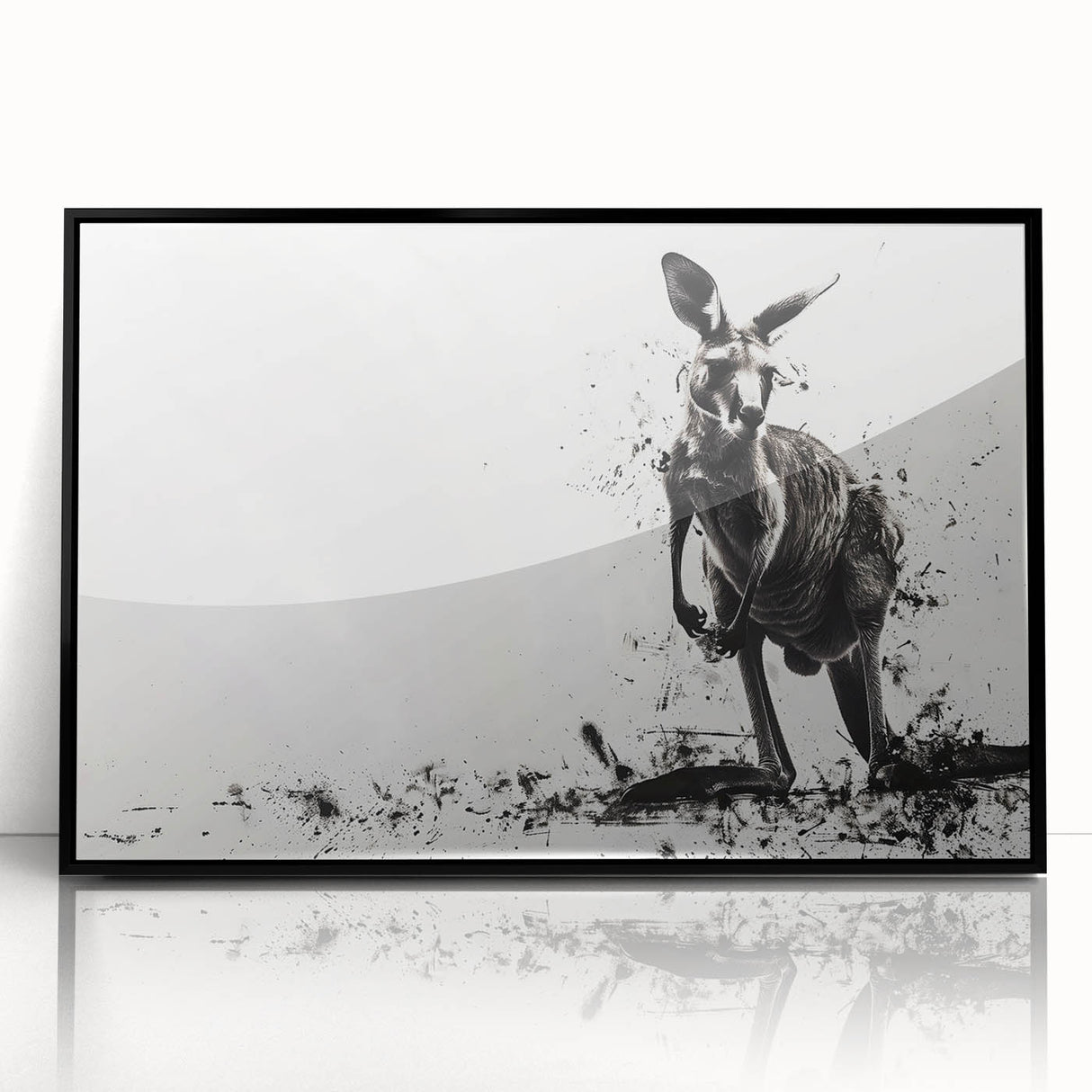 Framed acrylic wall art featuring a vibrant kangaroo design in a sleek black frame, showcasing wildlife themes and modern decor for animal lovers.