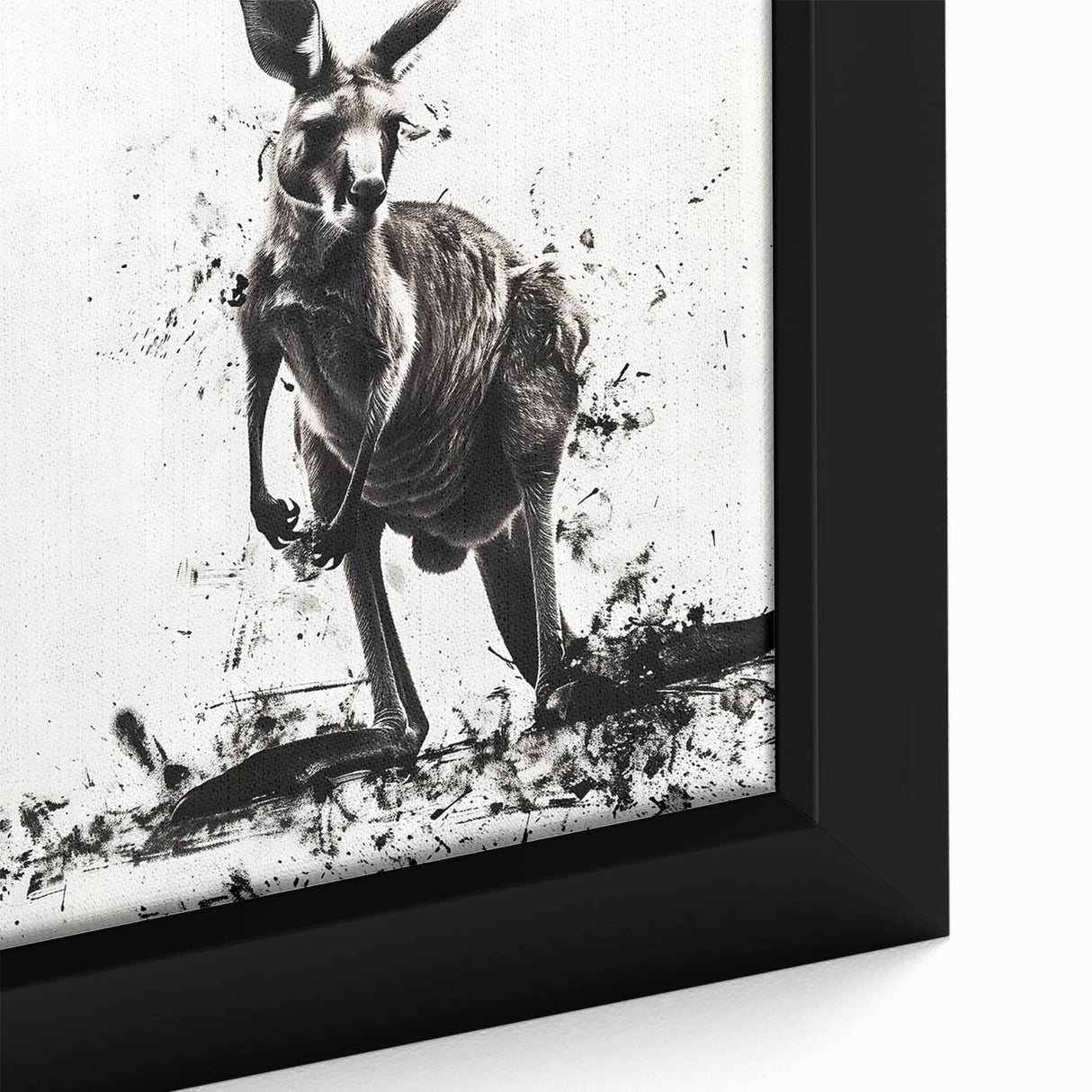 Close-up of a framed kangaroo design wall art piece showcasing vibrant colors and intricate details, perfect for wildlife enthusiasts and home decor. This unique canvas adds a touch of nature-inspired elegance to any living space.