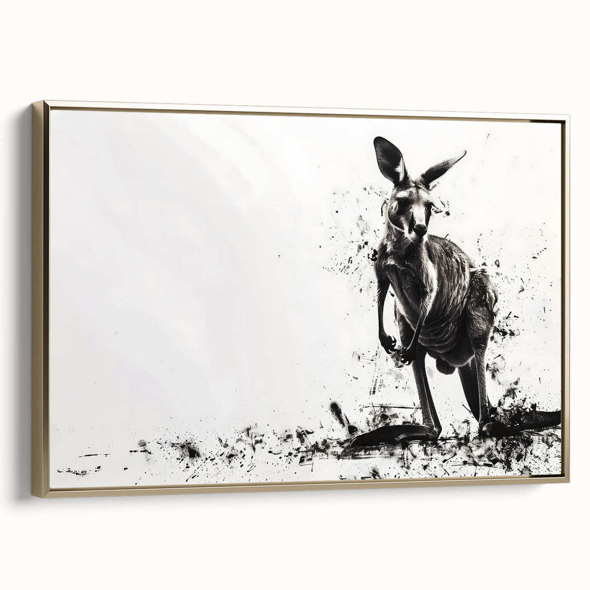 Framed canvas wall art featuring a stylish kangaroo design in a gold frame, showcasing vibrant colors and intricate details, perfect for modern home decor.
