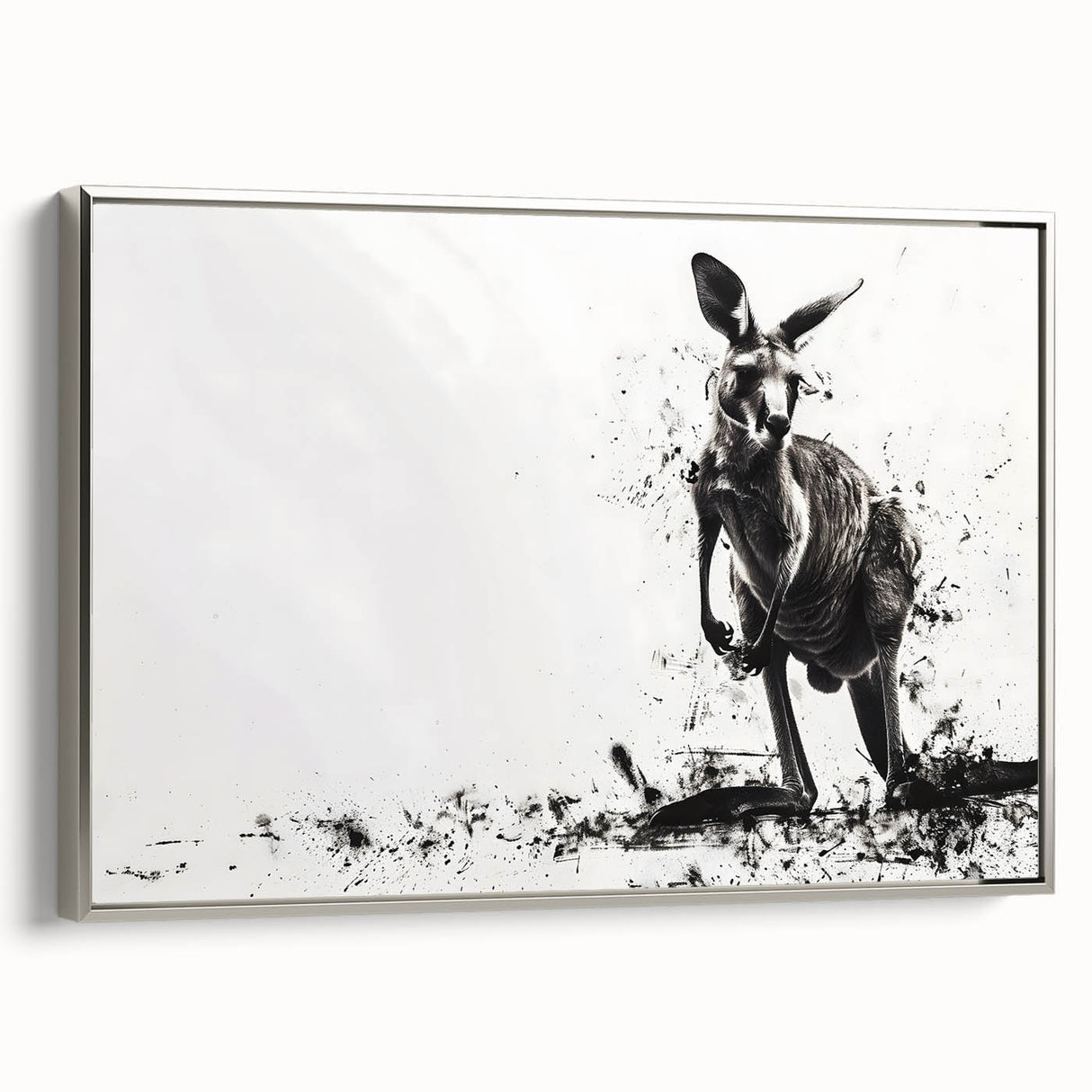 Framed canvas wall art featuring a sleek silver-side design of a kangaroo in a natural setting, perfect for enhancing home décor and showcasing wildlife artistry.