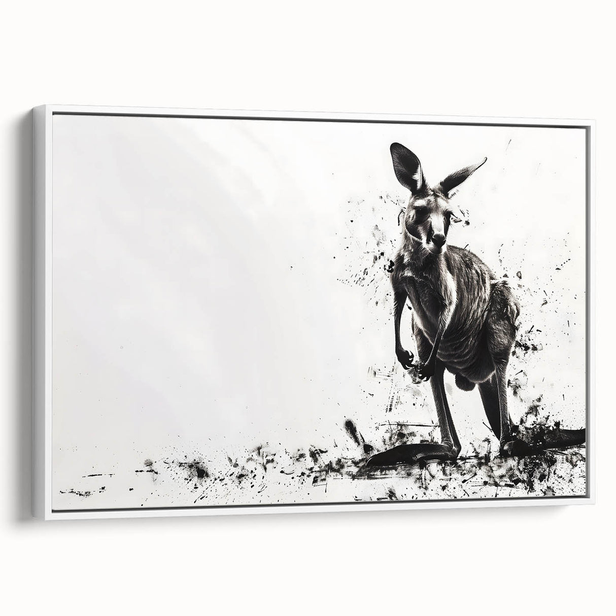 Framed wall art featuring a serene kangaroo design in a white frame, showcasing a side view of the animal in a natural setting, perfect for nature-themed decor.