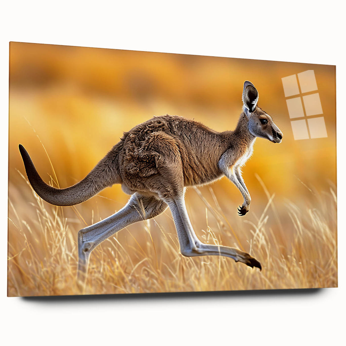 Vibrant kangaroo wall art design displayed in an acrylic glass frame, showcasing intricate details and lively colors, ideal for wildlife enthusiasts and modern decor.
